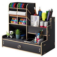 Wooden Desk Organiser DIY Desktop Tidy Pen Holder Large Capacity Stationery Storage Box with Drawer for Home Office and School - Otaj Gifts