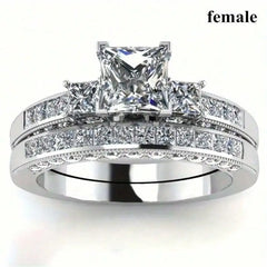 Fashion Silver Color Couple Rings Trendy Stainless Steel Men Rings Cute Women Rhinestones Zircon Rings Set - Otaj Gifts