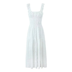 White Dress Women Halter Cotton Long Dress Lace Elegant Party Outfits - Otaj Gifts