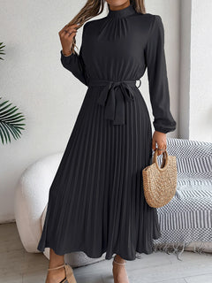 Elegant Pleated Long Dress Long Sleeveed Lace Up Dresses for Middle Eastern Women Spring and Summer Clothes - Otaj Gifts