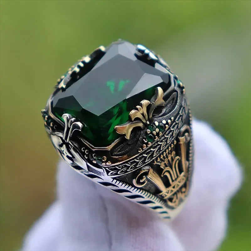 Retro Handmade Turkish Signet Rings for Men Ancient Silver Color Carved Mystic with Zircon Inlay - Otaj Gifts