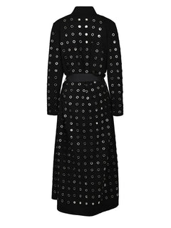 EAM Black Hollow Out Belted Long Trench Women New V-neck Long Sleeve Windbreaker Fashion Tide Spring Autumn 2024 15XM44101 - Otaj Gifts