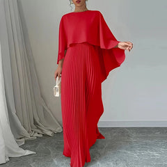Elegant Crew Neck Pleated Dress Women Casual Solid Loose Long Cloak Sleeves - Otaj Gifts