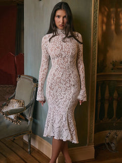 Mozision Lace Long Sleeve Sexy Midi Dress For Women Elegant White Half High Collar High Waist Bodycon Club Party Sexy Long Dress - Otaj Gifts