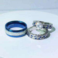 Fashion Couple Rings Romantic Women Heart Zircon Stone Rings Set Men's Blue Stainless Steel Ring Wedding Party Jewelry Gifts - Otaj Gifts