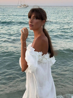 White Dress Women Halter Cotton Long Dress Lace Elegant Party Outfits - Otaj Gifts