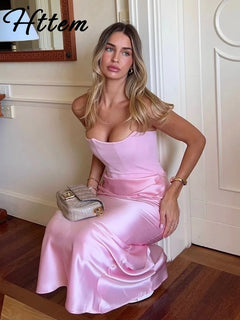 Elegant Strapless Patchwork Long Dress Women Slim Sleeveless Pleated Mermaid Dresses 2025 Spring Lady Evening Party Robe - Otaj Gifts