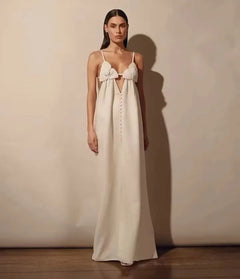 White Dress Women Halter Cotton Long Dress Lace Elegant Party Outfits - Otaj Gifts