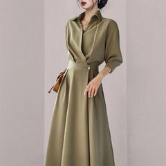 Summer Autumn New Elegant Fashion Solid Simple Waist Long Dress Women Polo-neck Temperament All-match Dresses Vestidos De Fiesta - Otaj Gifts