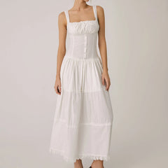 White Dress Women Halter Cotton Long Dress Lace Elegant Party Outfits - Otaj Gifts