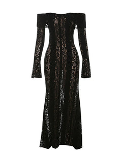 Tossy Autumn Lace Off-Shoulder Long Dress For Women See-Through Printed Lace-Up High Waist Luxury Female Elegant Party Dress New - Otaj Gifts
