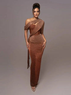 Sexy One Shoulder Draped Glitter Long Dress Women Brown Corset Sparkly Backless Bodycon Maxi Dresses Evening Party Gowns - Otaj Gifts