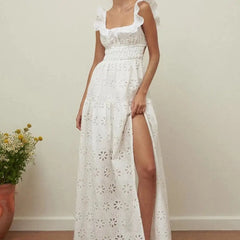 White Dress Women Halter Cotton Long Dress Lace Elegant Party Outfits - Otaj Gifts