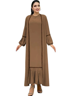 Muslim Women Hijab Dress 2 Piece Set Eid Lantern Sleeve Maxi Long Dress Islamic Clothing Caftan Kimono Big Swing Abaya Dresses - Otaj Gifts