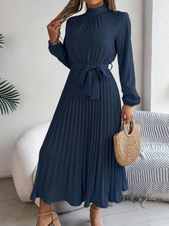 Elegant Pleated Long Dress Long Sleeveed Lace Up Dresses for Middle Eastern Women Spring and Summer Clothes - Otaj Gifts