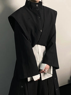 EAM Women Black Irregular Slit Big Size Trench New Stand Collar Long Sleeve Windbreaker Fashion Spring Autumn 2025 1DH0755 - Otaj Gifts