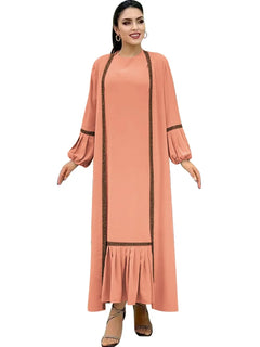 Muslim Women Hijab Dress 2 Piece Set Eid Lantern Sleeve Maxi Long Dress Islamic Clothing Caftan Kimono Big Swing Abaya Dresses - Otaj Gifts