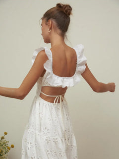White Dress Women Halter Cotton Long Dress Lace Elegant Party Outfits - Otaj Gifts