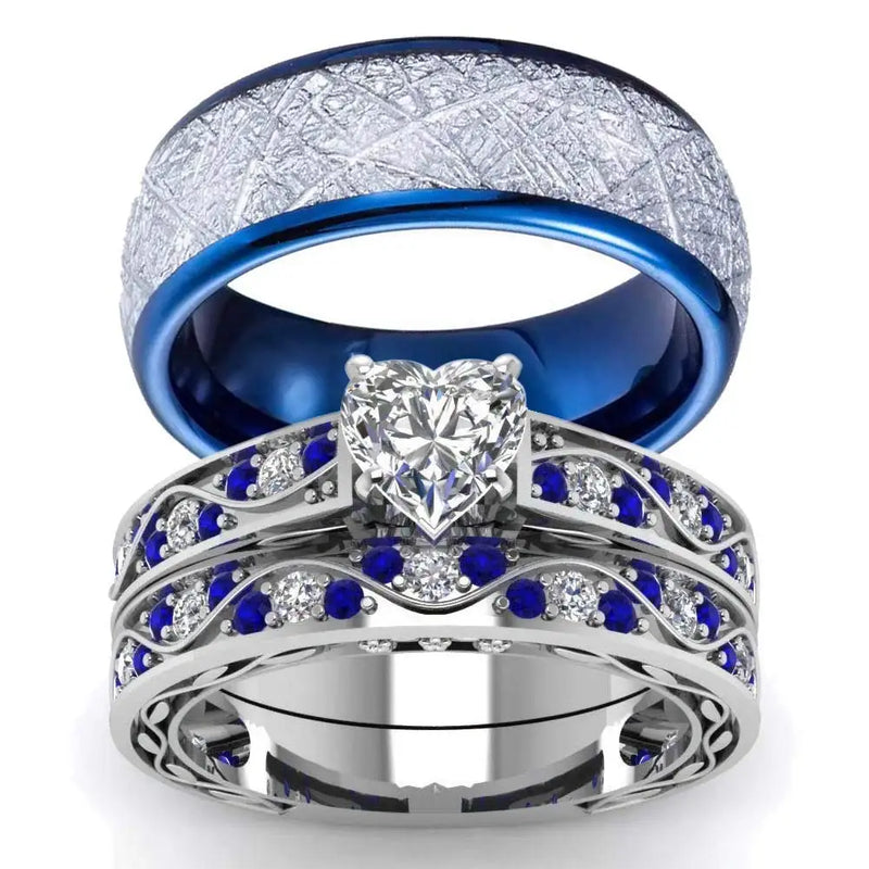 Fashion Couple Rings Romantic Women Heart Zircon Stone Rings Set Men's Blue Stainless Steel Ring Wedding Party Jewelry Gifts - Otaj Gifts