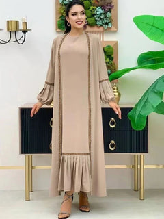 Muslim Women Hijab Dress 2 Piece Set Eid Lantern Sleeve Maxi Long Dress Islamic Clothing Caftan Kimono Big Swing Abaya Dresses - Otaj Gifts