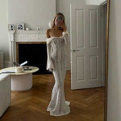 Suninheart Lace Off-shoulder Sexy Maxi Dress Women Strapless Backless Long Sleeve Bodycon Evening Club Party Long Dress Elegant - Otaj Gifts