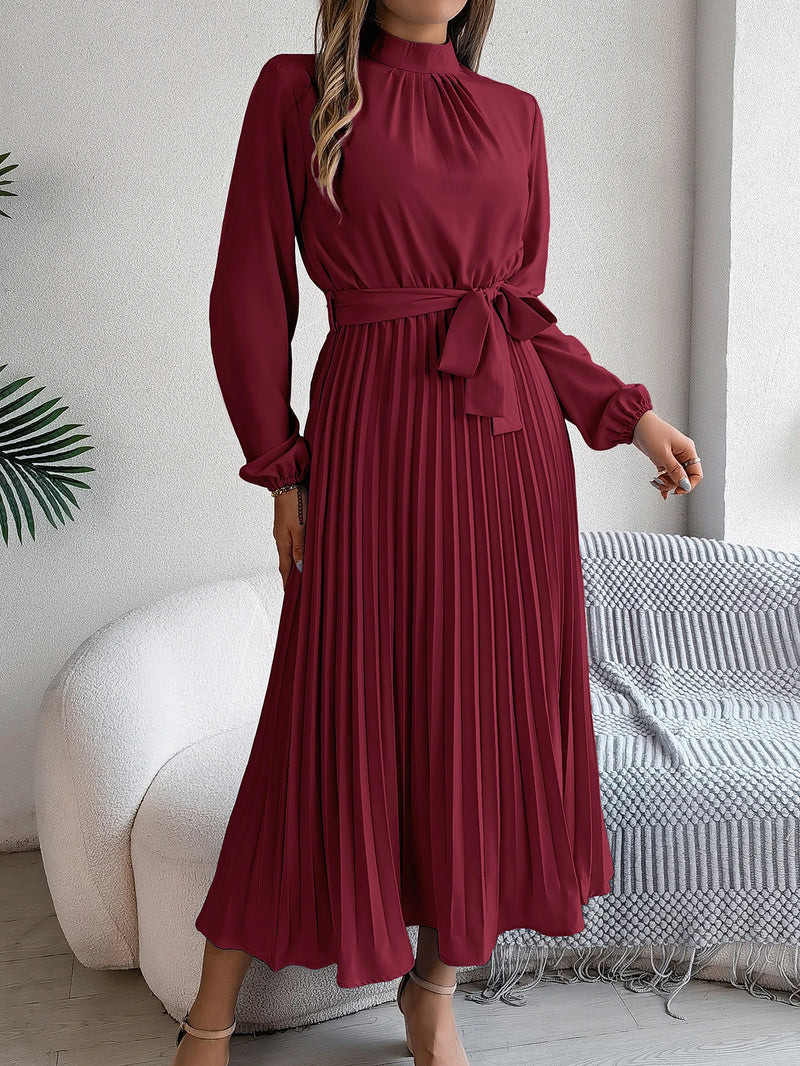 Elegant Pleated Long Dress Long Sleeveed Lace Up Dresses for Middle Eastern Women Spring and Summer Clothes - Otaj Gifts