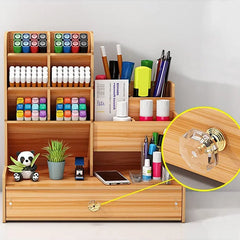 Wooden Desk Organiser DIY Desktop Tidy Pen Holder Large Capacity Stationery Storage Box with Drawer for Home Office and School - Otaj Gifts