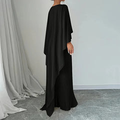 Elegant Crew Neck Pleated Dress Women Casual Solid Loose Long Cloak Sleeves - Otaj Gifts