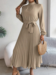 Elegant Pleated Long Dress Long Sleeveed Lace Up Dresses for Middle Eastern Women Spring and Summer Clothes - Otaj Gifts