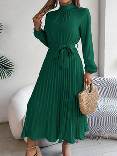 Elegant Pleated Long Dress Long Sleeveed Lace Up Dresses for Middle Eastern Women Spring and Summer Clothes - Otaj Gifts
