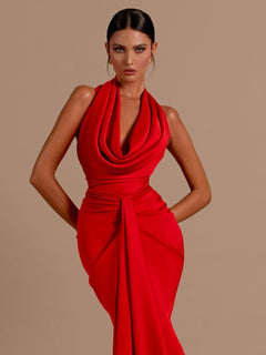 Sexy Swinging Collar Backless Pleated Long Dress Women Red Stain Sleeveless Draped Design Maxi Dress Celebrity Party Club Runway - Otaj Gifts