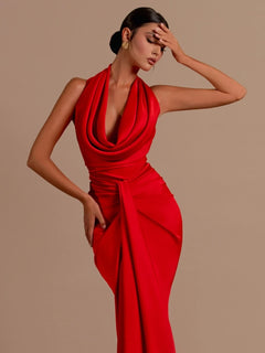 Sexy Swinging Collar Backless Pleated Long Dress Women Red Stain Sleeveless Draped Design Maxi Dress Celebrity Party Club Runway - Otaj Gifts