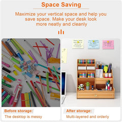 Wooden Desk Organiser DIY Desktop Tidy Pen Holder Large Capacity Stationery Storage Box with Drawer for Home Office and School - Otaj Gifts