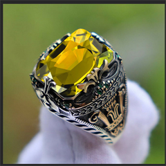 Retro Handmade Turkish Signet Rings for Men Ancient Silver Color Carved Mystic with Zircon Inlay - Otaj Gifts