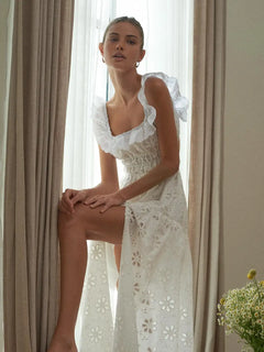 White Dress Women Halter Cotton Long Dress Lace Elegant Party Outfits - Otaj Gifts