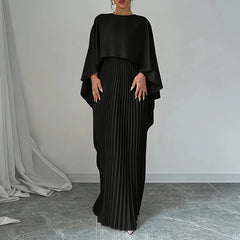 Elegant Crew Neck Pleated Dress Women Casual Solid Loose Long Cloak Sleeves - Otaj Gifts