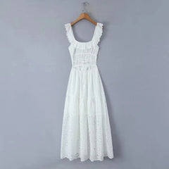 White Dress Women Halter Cotton Long Dress Lace Elegant Party Outfits - Otaj Gifts