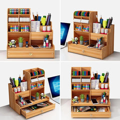 Wooden Desk Organiser DIY Desktop Tidy Pen Holder Large Capacity Stationery Storage Box with Drawer for Home Office and School - Otaj Gifts