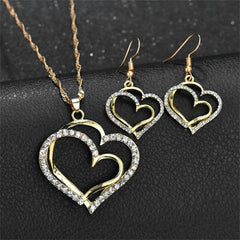3 Pcs Set Heart Shaped Jewelry Set Of Earrings Pendant Necklace For Women Exquisite Fashion Rhinestone Double Heart Jewelry Set - Otaj Gifts
