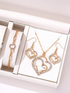 3 Pcs Set Heart Shaped Jewelry Set Of Earrings Pendant Necklace For Women Exquisite Fashion Rhinestone Double Heart Jewelry Set - Otaj Gifts