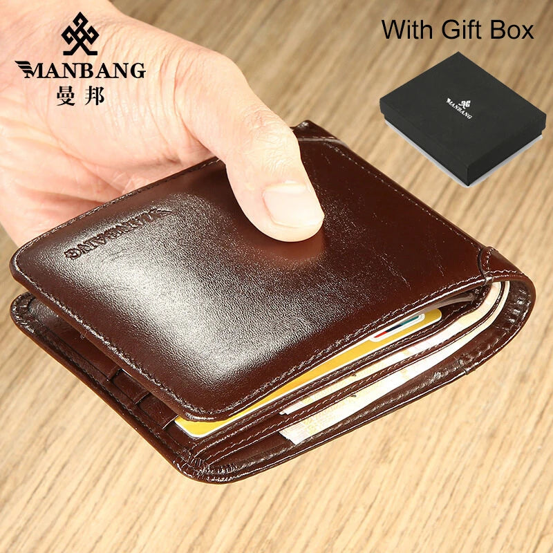 【Genuine Cowhide Leather】ManBang Brand Hot Sale Men's Wallet Luxury Original Short Tri-Fold First Layer Cowhide Purse Business - Otaj Gifts
