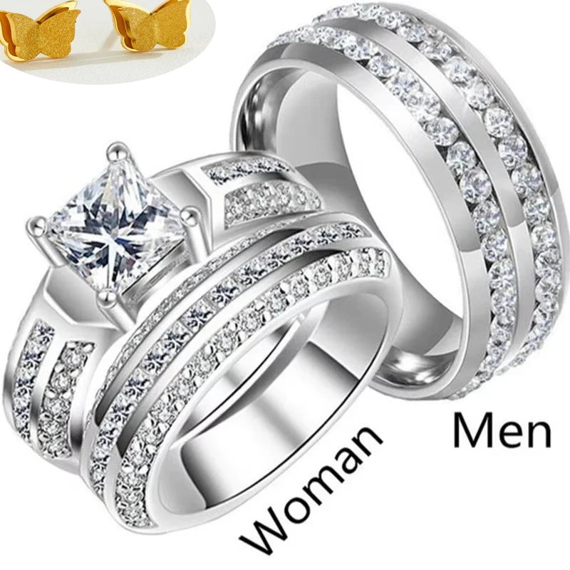 New Trendy Titanium Romantic Couple DIY  Crystal Alliance Engagement Wedding Rings For Men Women Jewelry - Otaj Gifts