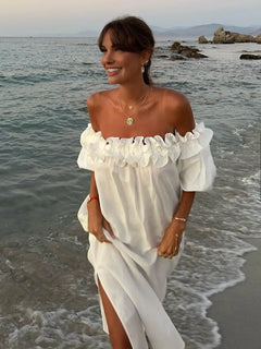 White Dress Women Halter Cotton Long Dress Lace Elegant Party Outfits - Otaj Gifts