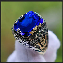 Retro Handmade Turkish Signet Rings for Men Ancient Silver Color Carved Mystic with Zircon Inlay - Otaj Gifts