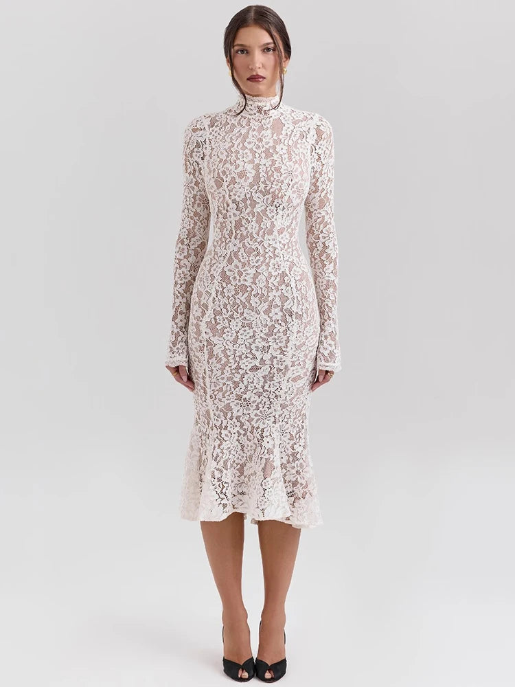 Mozision Lace Long Sleeve Sexy Midi Dress For Women Elegant White Half High Collar High Waist Bodycon Club Party Sexy Long Dress - Otaj Gifts