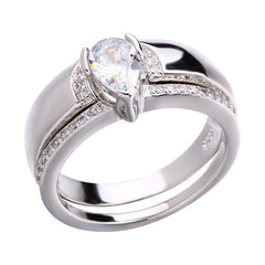 Exquisite Women Silver Color Waterdrop Metal Inlaid White Round Zicron Stones Ring Set - Otaj Gifts