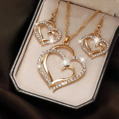 3 Pcs Set Heart Shaped Jewelry Set Of Earrings Pendant Necklace For Women Exquisite Fashion Rhinestone Double Heart Jewelry Set - Otaj Gifts