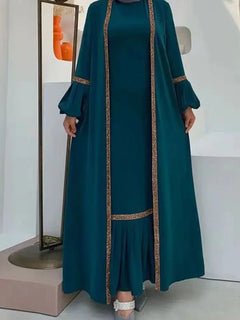 Muslim Women Hijab Dress 2 Piece Set Eid Lantern Sleeve Maxi Long Dress Islamic Clothing Caftan Kimono Big Swing Abaya Dresses - Otaj Gifts
