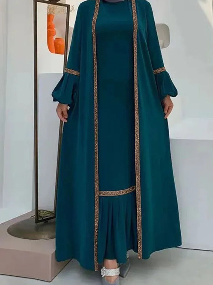 Muslim Women Hijab Dress 2 Piece Set Eid Lantern Sleeve Maxi Long Dress Islamic Clothing Caftan Kimono Big Swing Abaya Dresses - Otaj Gifts