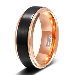 Tungsten Carbide Unisex Ring 6/8 mm Black Brushed Cut Edge Rose Gold - Otaj Gifts